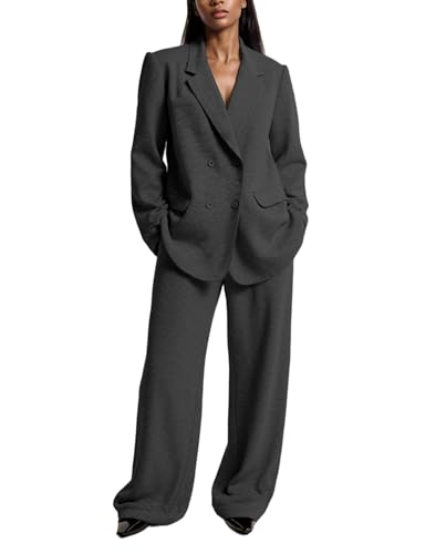 Voghtic 2 Piece Business Casual Outfits for Women Loose Long Blazer Jackets and Dressy Wide Leg Pants Suit Set Pockets
