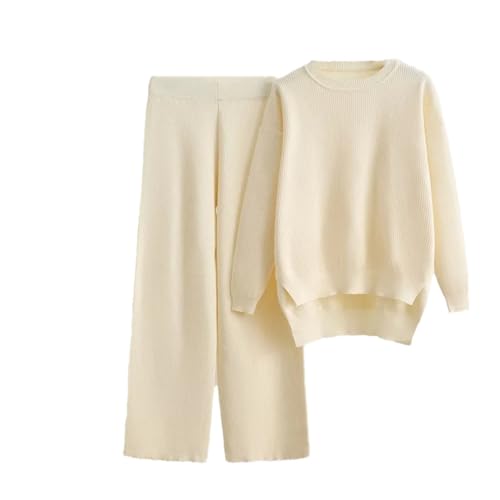 Pull col rond et pantalon taille haute beige M : l'ensemble élégant 2 pièces pour femme