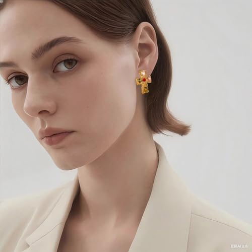 MAX 18K Gold Plated Hammered Cubic Zirconia Cross Pendant Necklace, Studs Earrings | Hypoallergenic All-match Luxury Black String Necklace, Stud Earrings | Ingenious Design Cross Faith Pendant Necklace, Studs Earrings for Women4