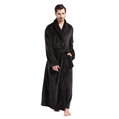Fashgudim Mens Robes Big And Tall Full Length Plush Fleece Long Robe For Men Bathrobe Shawl Collar Warm Winter House Robes (Black,S/M) #TOP14