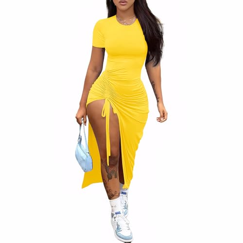 Image of Nimsruc Women Sexy Summer Dresses Short Sleeve Thigh-high Slit Ruched Bodycon Maxi Club Cocktail Party Dress