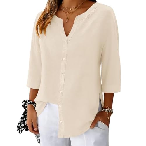 LOMON 3/4 Length Sleeve Womens Tops V Neck 3/4 Sleeve Sides Slit Button Down Shirts Cotton Linen Casual Loose Blouses