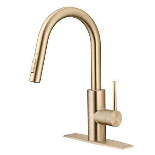 Image of KRAUS Oletto Single Handle Pull Down Kitchen Faucet with QuickDock Top Mount Installation Assembly in Spot Free Antique Champagne Bronze, KPF-2620SFACB