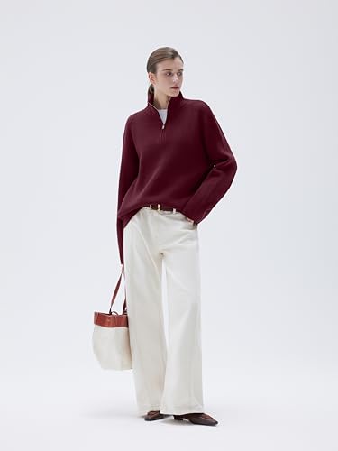 Image of SUUKSESS Women Cashmere Blend Oversized Quarter Zip Pullover Sweater Long Sleeve Collared Ribbed Knit Jumper Tops