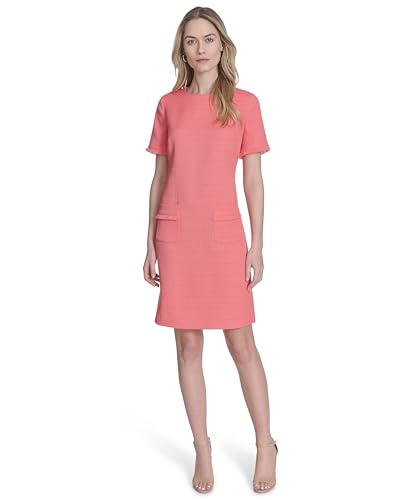 Image of Tommy Hilfiger Women's Pleated Trim Short Sleeve High Neck Shift Mini Dress