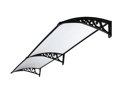 Image of CHENNAI Window Blinds and Shades DIY Polycarbonate Awning (Engineered Plastic Brackets) Window Sunshade Door Weather Shed Rain Canopy Awnings - 8'Widthx2'Depth (Black Brackets & White Sheets)
