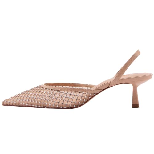 YIYA Women's Beige Sparkly Rhinestone Mesh Kitten Heels Closed Pointed Toe Slingback Mid Heels Slip On Wedding Dress Pumps Shoes2