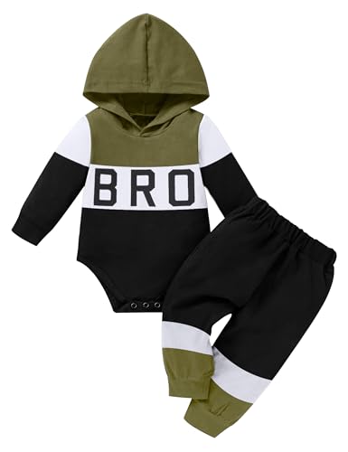 Image of Tomolant Baby Boy Clothes Long Sleeve Romper, Letter Print Hooded Sweatshirt +Patchwork Pants 2pcs Fall Winter Outfits