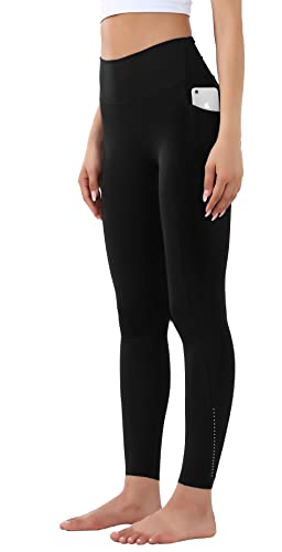 OVRUNS High Waist Gym Leggings for Women Yoga Pants with Pockets Workout Running Compression Leggings for Women - Dark Black - XS