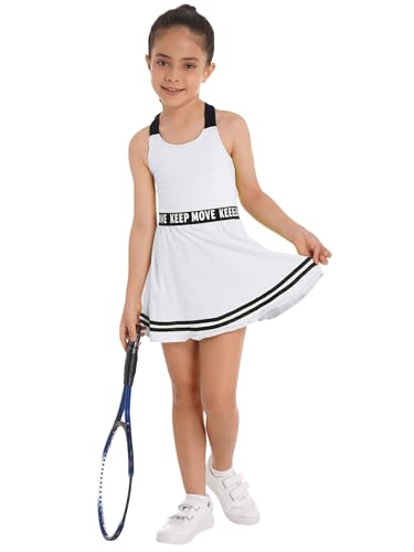 Hedmy Kids Girls Tennis Dress Sports Outfits 2-Piece Casual Tracksuit Summer Dress with Shorts Set Activewear White 8 Years
