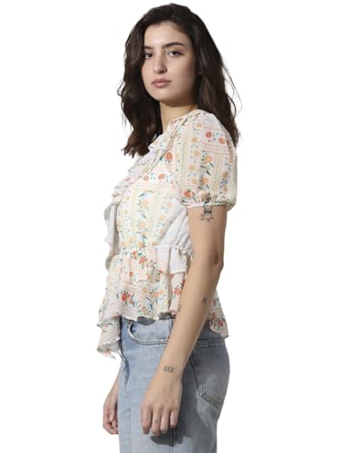 Image of ONLY Floral Printed Puff Sleeves Peter Pan Collar Chiffon Peplum Top