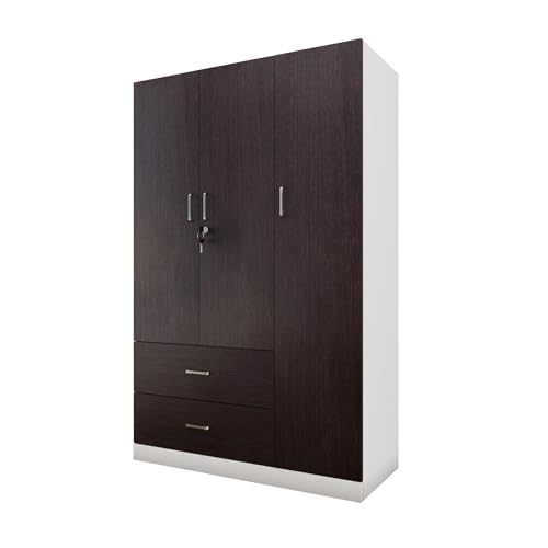 Image of VIKI Wardrobe | Wooden Almirah for Clothes,Door for Bedroom, 3 Door Wardrobe with Drawer & Hanging Space (White & Wenge - 40D x 120W x 180H) | 1 Year Warranty | Free Assembly