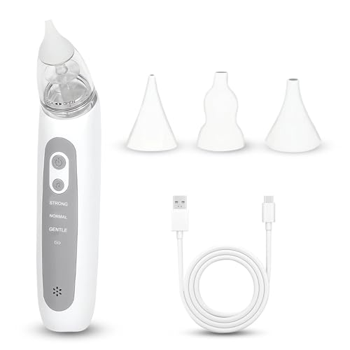 ONGNIUU Aspirador nasal elétrico para bebés com música e 3 níveis de sucção, 3 bicos de silicone, portátil e recarregável USB-C, para limpeza diária suave e rápida