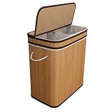 GERAMEXI 100L Bamboo Laundry Basket 2-Sectional Washing Box Bin Storage Hamper with Lid and Removabl