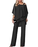 Bengbobar Womens 2 Piece Outfits Dressy Pant Suits for Wedding Flowy Solid Long Sleeve Jumpsuit Pants Sets for Womens Outfits Suiting Black Off Shoulder Formal Evening Party Outfit Extra Large