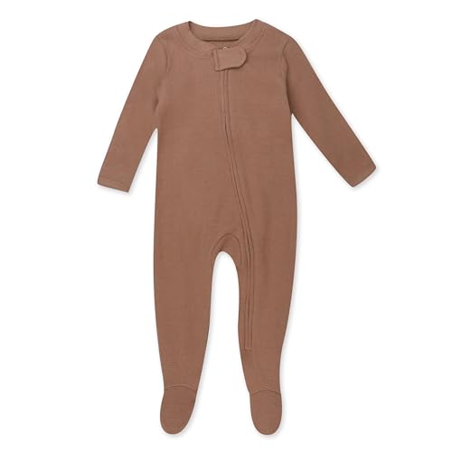 Image of HonestBaby Sleep and Play Footed Pajamas One-Piece Sleeper Jumpsuit Zip-Front PJs Organic Cotton for Baby Boys, Unisex, Brown,0-3 Months