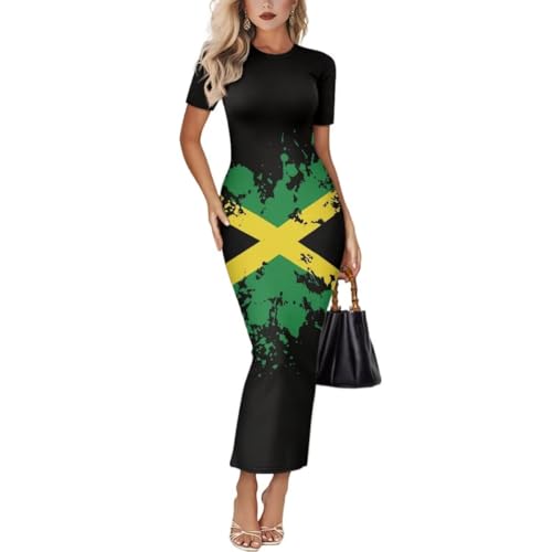 Image of Womens Short Sleeve Jamaican Flag Midi Bodycon Dress | Soft stretchy fabric,crew neck,jamaican print casual date night cocktail party, elegant chic, spring summer fall all season