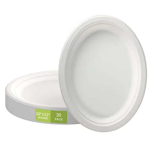 CVIUYO Oval Paper Plates 30 Pack, 100% Compostable Bagasse Fiber Disposable Heavy Duty White Paper Tray, 10" x 12" Large Biodegradable, Eco-Friendly Disposable Meal Tray