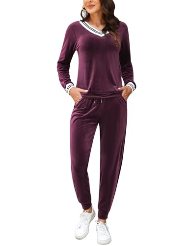 Totatuit Ensemble de Pyjama en Velours pour Femmes Long Décontracté col en V Elvet Pull et Bas Ensembles de Vêtements de Nuit Décontractés Vin Rouge，L