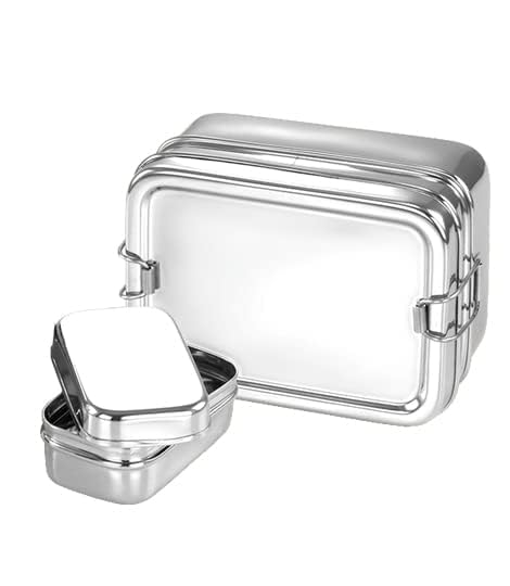 Stainless Steel Rectangle Shape 3 Compartment Lunch Box/School Lunch Box for Kids/Adults with 1 Snack Box (500 ml)