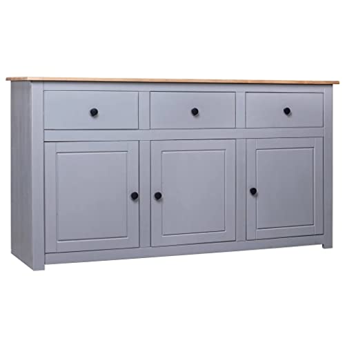 vidaXL Pin Solide Buffet Armoire à Tiroirs Commode Dressoir Armoire de Rangement avec 3 Tiroirs et 3 Portes Salon Chambre à Coucher Maison Gris 135x40x80 cm