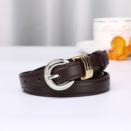 Women Stitched Skinny Leather Belt 18mm Thin Waist Strap with Bright Silver Circular Buckle for Jeans Pants Dress3
