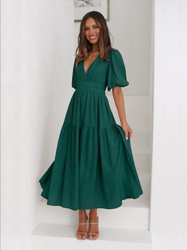 Image of Women's Summer Deep V Neck Puff Short Sleeve Tiered Maxi Dress Flowy A Line Long Dresses