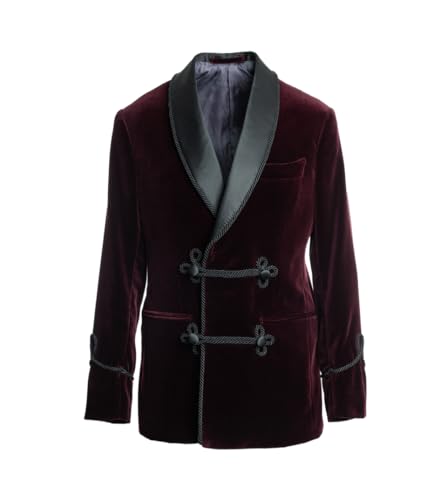 Mens Burgundy Velvet Smoking Jacket, Lapel Collar, Double Breasted, Chinese Knot Buttons