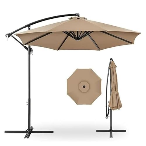 Image of Hukimoyo 10Ft Diameter Large Outdoor Patio Cantilever Offset Umbrella with Base Stand, Waterproof Heavy Duty Garden Parasol Sun Shade Canopy, Side Pole Umbrella for Backyard, Poolside, Deck, Lawn, Terrace, Cafe.