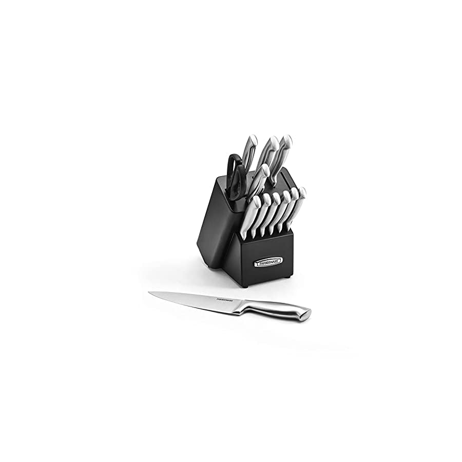 Farberware-Self-Sharpening-13-Piece-Knife-Block-Set-with-EdgeKeeper-Technology-Black Farberware Self-Sharpening 13-Piece Knife Block Set with EdgeKeeper Technology, High Carbon-Stainless Steel Kitchen Knives, Razor-Sharp Knife Set with Wood Block, Black