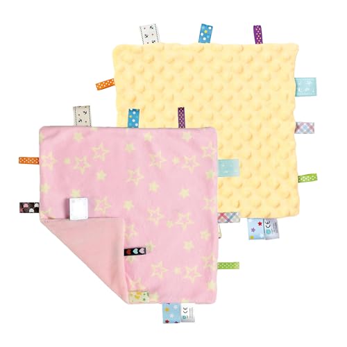 Image of CREVENT Soft Baby Lovey Security Blanket, Small Plush Comfort Blanket for Baby Girls, Sensory Soothing Toy, Newborn, 10 inch x 10 inch 2pcs