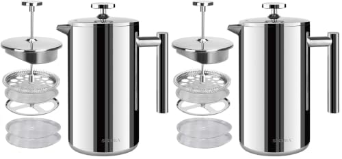 Image of Secura French Press Coffee Maker, 304 Grade Stainless Steel Insulated Coffee Press with 2 Extra Screens, 50oz (1.5 Litre), Silver (Pack of 2)
