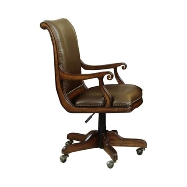 Bowery hill traditional leather and solid wood office desk swivel chair in distressed medium cherry  urban country home decor