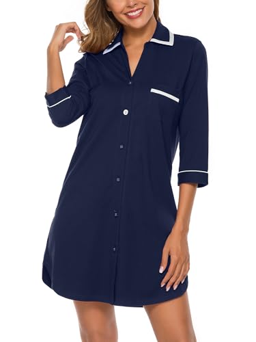 COLORFULLEAF Women's 100% Cotton Nightgowns 3/4 Sleeve V-Neck Sleep Shirt Soft Button Down Pajama Dress