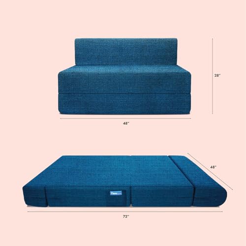 Image of Starlon 2 Seater Sofa Cum Bed Foldable 3-in-1 Sofa Bed with 1 Year Warranty, Washable Jute Fabric Cover & 2 Floral Pillows | Aqua Teal 4x6 Ft