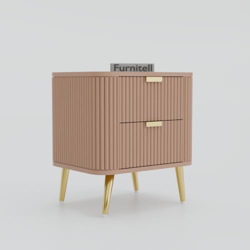 Image of Premium HDMR Wood Bedside Table with 1 Drawer & Open Storage Shelf, Fluted Nightstand with Golden Legs for Bedroom, Modern End Table, for Living Room | Taupe Finish, Set of 2