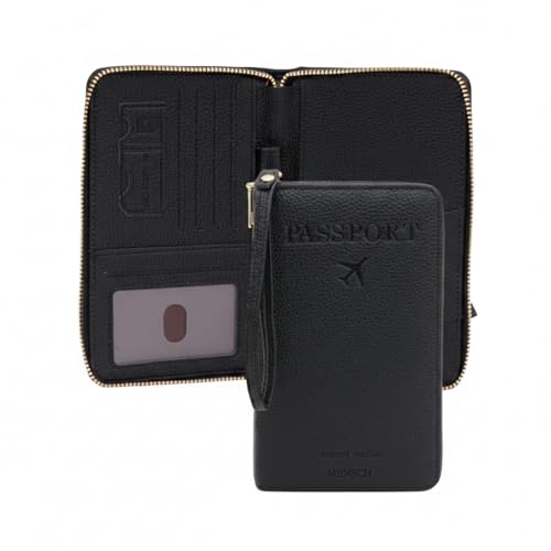 Image of Mensch Faux Leather Travel Passport Holder, RFID Blocking Premium Travel Document Organiser with Secure Zipper Closure Passport Cover & Travel Accessories for Men & Women (Black)