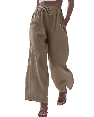 Chownet Women's Palazzo Pants Flowy Wide Leg Pants Summer Beach Casual Drawstring with Pockets Vacation Clothes Khaki
