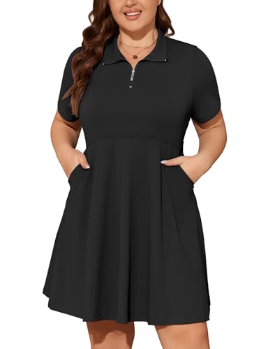 Viracy Plus Size Tennis Dress 4X, Womens Short Sleeve Golf Dresses With Shorts Knee Length 1/4 Zip Up Empire Waist Moisture Wicking Collared Athletic Apparel,Black