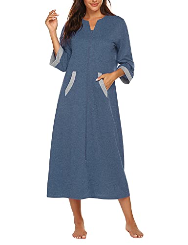 Image of Ekouaer Women Zipper Robe 3 /4 Sleeves Loungewear Full Length Housecoat Long Bathrobe
