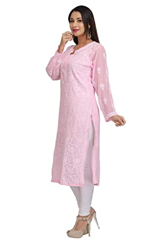 Image of Ada Hand Embroidered Chikankari Pink Georgette Kurta for Women A95581 (M) | Handmade Lucknowi Chikan Embriodery ethnic kurti office work casual Straight Women's faux handcrafted Tunic