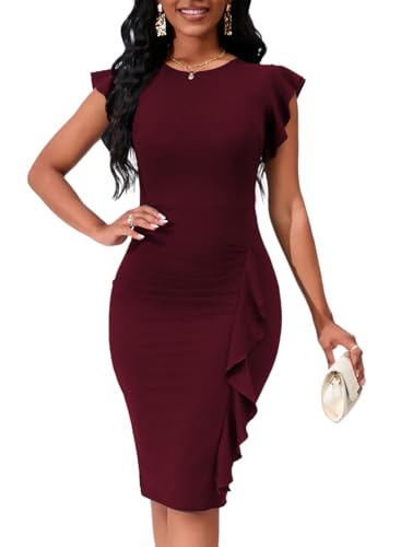 Image of PerZeal Women's 2026 Flutter Sleeve Bodycon Midi Dress Sexy Crew Neck Knit Ruffle Wear to Work Cocktail Party Pencil Dresses