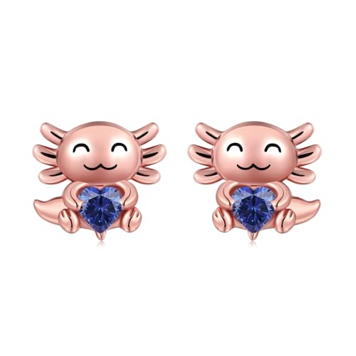 925 Sterling Silver Axolotl Stud Earrings for Women 1-12 Month Birthstone Adorable Axolotl Ear Stud Cute Animal Birthday Jewelry Gifts