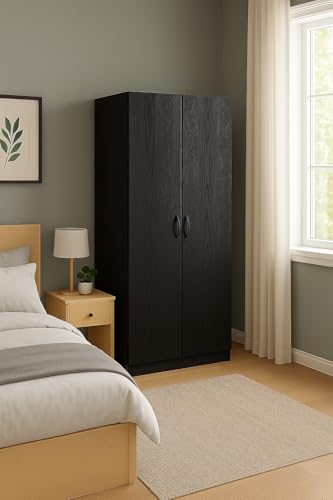 Image of MATTERHORN LuxeStore 2-Door Wardrobe -V | Modern Bedroom Closet with Lock, Shelves & Hanging Rod 1830mm (H) X 750mm (W) X 460mm (D) | Durable Build | Free Installation (Ebony Black)