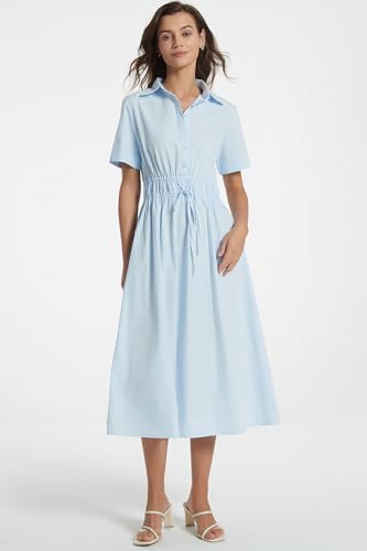 Image of Ladyful Women Casual Button Down Short Sleeve Shirt Dress Tie Waist Midi Shirt Dress Elegant Business Party