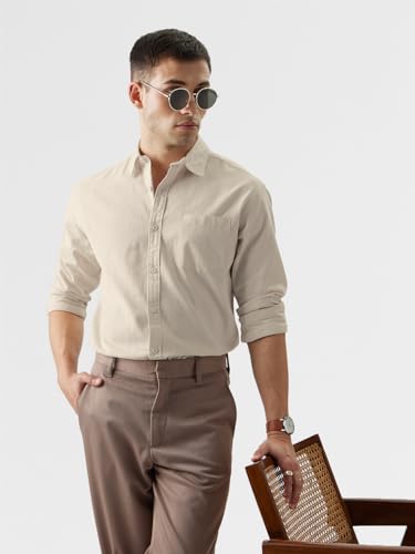 Image of The Souled Store Solid Linen: Beige Color Men and Boys Regular Outdoor Fit Full Sleeve Collared Neck Spread Collar Casual Wear Stylish Comfortable Premium Elegant Cotton Shirts
