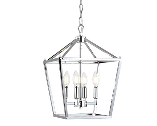 JONATHAN Y 12" Chrome Lantern Pendant Light, 1-Light Pagoda Style Metal Cage Farmhouse Hanging Ceiling Fixture for Kitchen Island, LED Bulb Included (JYL7436C) by JONATHAN Y - Used condition - US$31.96