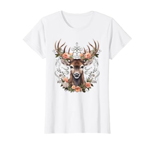 Hirsch mit Rosen Blumen Trachtenhemd Dirndl Damen T-Shirt