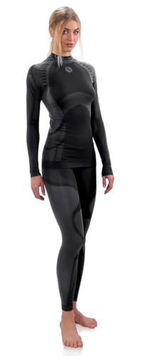 sesto senso Damen Funktionsunterwäsche Set Langarm Shirt Lange Unterhose Sportunterwäsche Thermoaktiv M Grau Schwarz Set