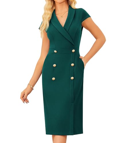GRACE KARIN 2025 Damen Elegant Kurzarm V-Ausschnitt Bodycon Bleistiftkleid Festlich Party Cocktail Kleid Dunkelgrün 44